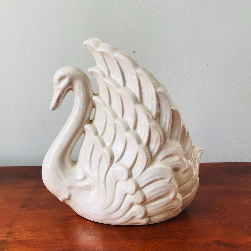 Vintage mid century modern iridescent ceramic swan cachepot vase
